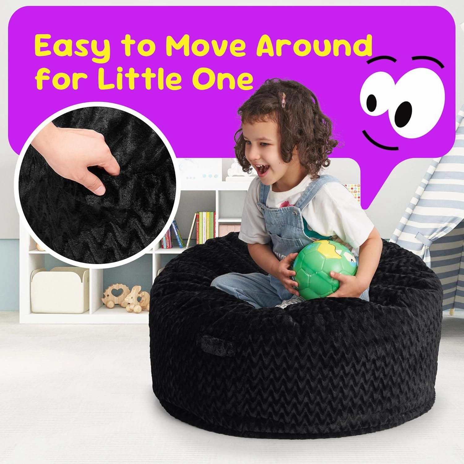 Hobestluk Bean Bag Chairs 2.5FT Bean Bag Chair with Memory Foam Filled & Chevron Plush Fur Cover Small Bean Bag Chairs for Playroom, Living Room, Bedroom (Black)