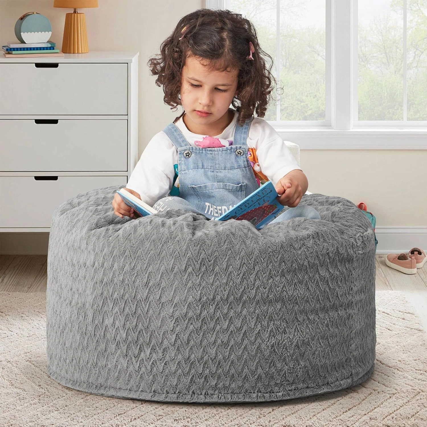 Hobestluk Bean Bag Chairs 2.5FT Bean Bag Chair with Memory Foam Filled & Chevron Plush Fur Cover Small Bean Bag Chairs for Playroom, Living Room, Bedroom (Grey)