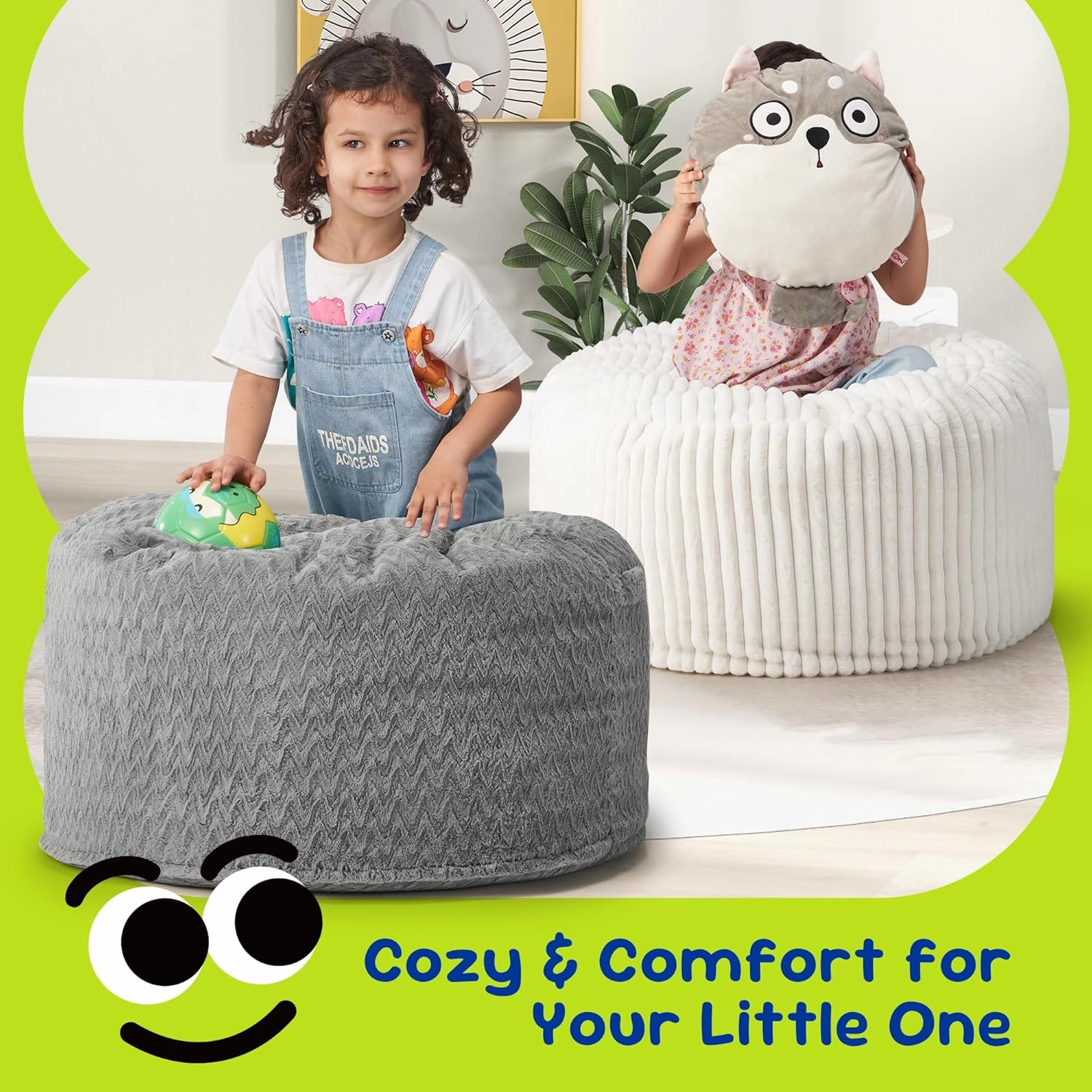 Hobestluk Bean Bag Chairs 2.5FT Bean Bag Chair with Memory Foam Filled & Chevron Plush Fur Cover Small Bean Bag Chairs for Playroom, Living Room, Bedroom (Grey)