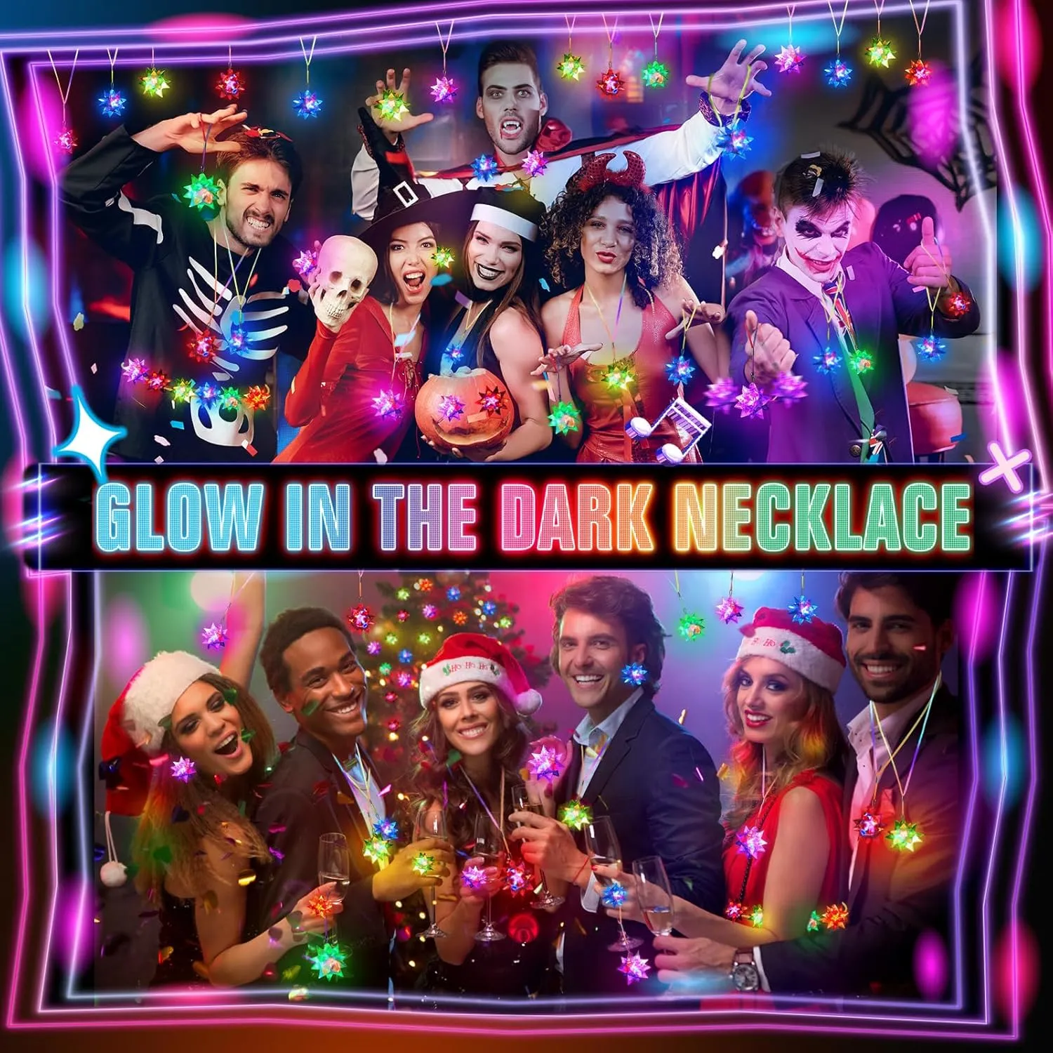 HONLYNE150 PCS Flashing Crystal Star Necklaces, Glow Necklaces Bulk Light up Party Favors, LED Glow in The Dark Necklaces for Kids Adults Birthday Glow Party Rave Halloween Goodie Bags Filler
