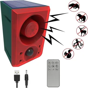 HULPPRE Solar Outdoor Motion Sensor Alarm-Dog Barking&Gunshot Sound,Support Recording&±Volume,130db Loud Noise Maker,3 Work Modes Strobe Light with USB,Say Goodbye to The Intruders