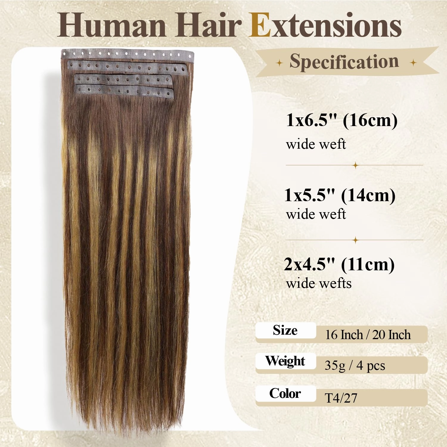 Human Hair Extensions T4/27 Highlight Honey Blonde Remy Human Hair Extensions with Holes Invisible PU Tape in Hair Extension Glueless Hair Extension for Women (35g 4Pcs,16 Inch)