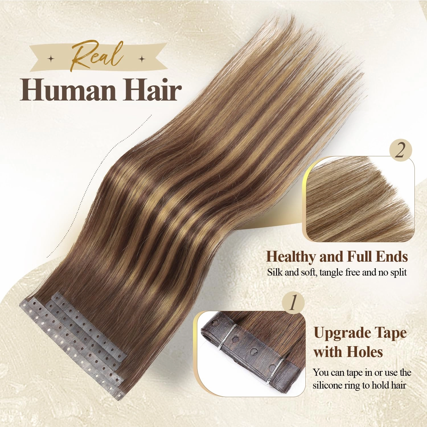 Human Hair Extensions T4/27 Highlight Honey Blonde Remy Human Hair Extensions with Holes Invisible PU Tape in Hair Extension Glueless Hair Extension for Women (35g 4Pcs,16 Inch)