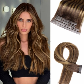 Human Hair Extensions T4/27 Highlight Honey Blonde Remy Human Hair Extensions with Holes Invisible PU Tape in Hair Extension Glueless Hair Extension for Women (35g 4Pcs,16 Inch)
