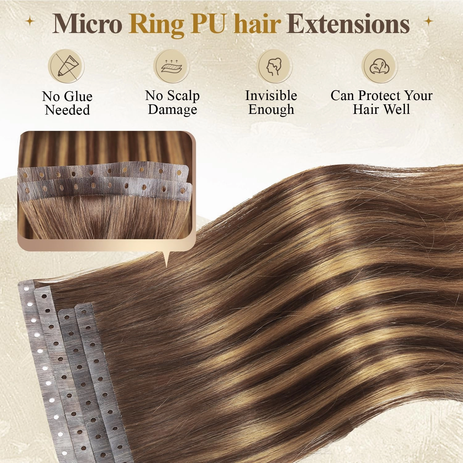 Human Hair Extensions T4/27 Highlight Honey Blonde Remy Human Hair Extensions with Holes Invisible PU Tape in Hair Extension Glueless Hair Extension for Women (35g 4Pcs,16 Inch)