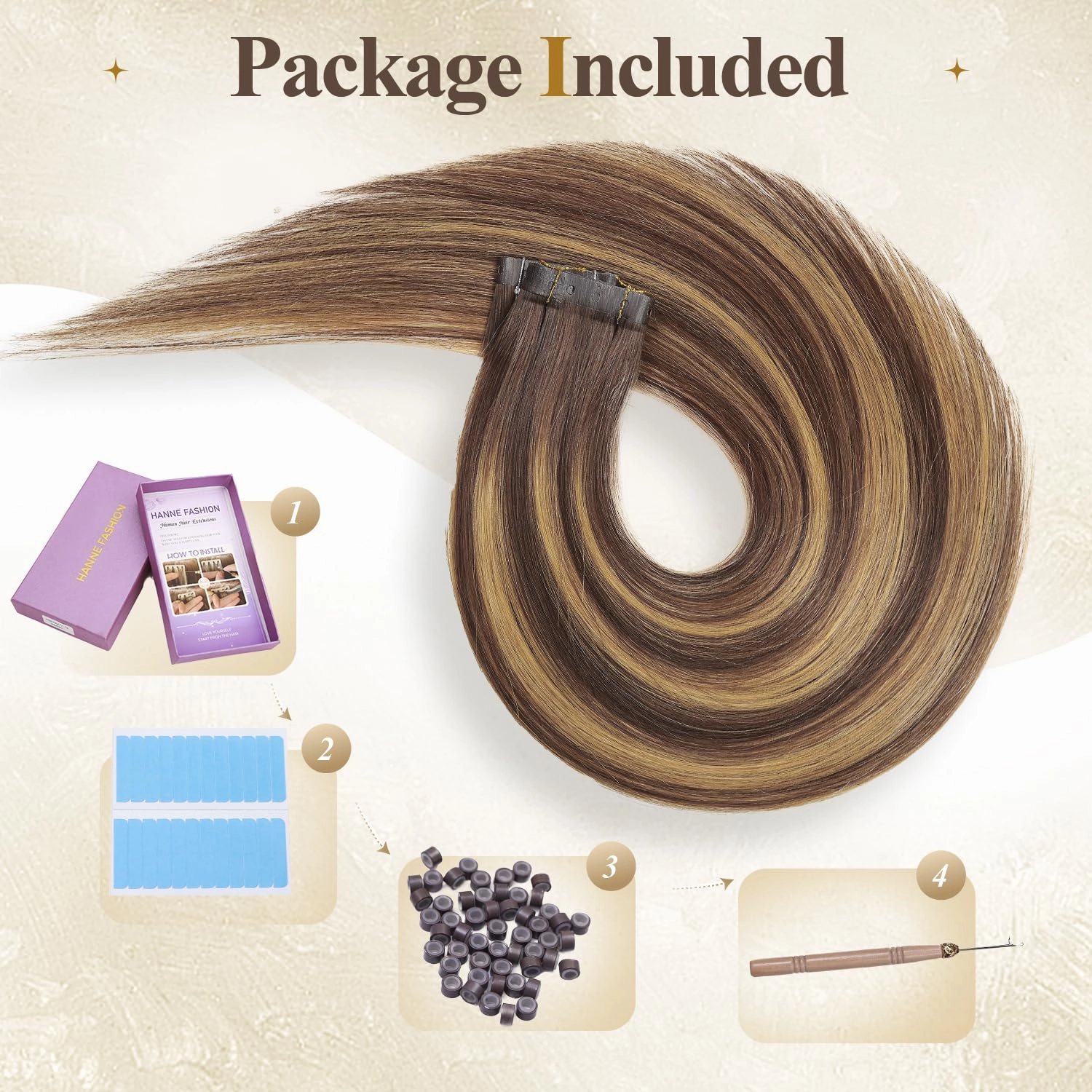 Human Hair Extensions T4/27 Highlight Honey Blonde Remy Human Hair Extensions with Holes Invisible PU Tape in Hair Extension Glueless Hair Extension for Women (35g 4Pcs,16 Inch)