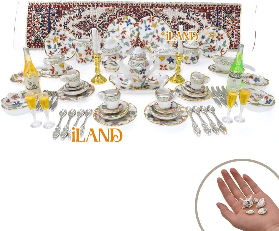 iLAND Dollhouse Accessories and Furniture Set, Tableware Set Dollhouse Dishes Mini Tea Cups Miniature Tea Sets Porcelain 1/12 Scale Accessories (Gorgeous)