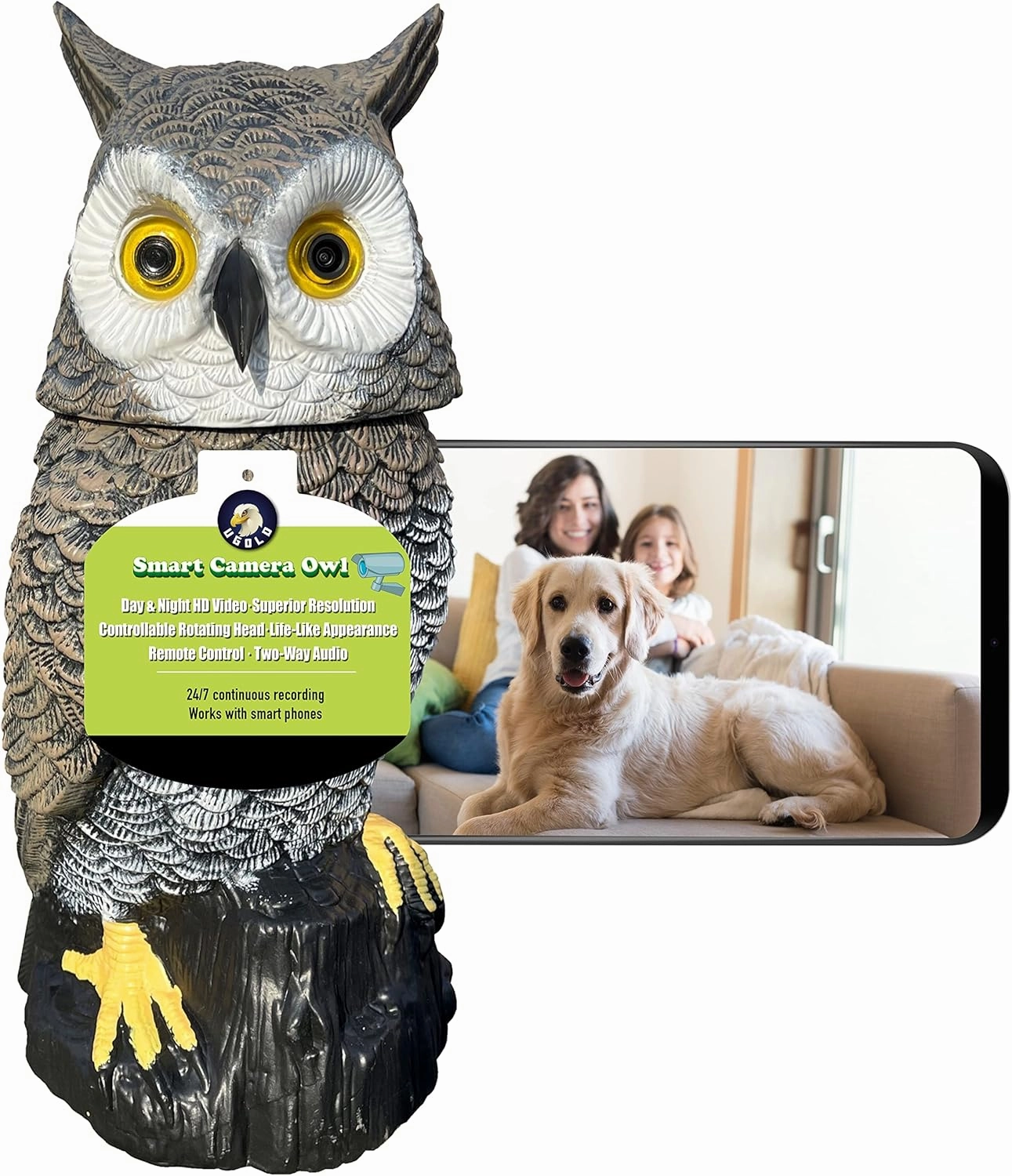 Indoor Camera Owl, Home Security Camera Owl with Rotatable Head, Night Vision, 2-Way Audio, Works with Phone, Decoration for Home