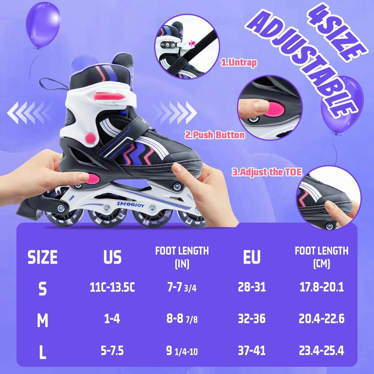 Inline Skates for Kids 4 Size Adjustable Light-Up Wheels Aluminum Frame Black Rose Red Blade Skate for Boys and Girls S, M, L Sizes, Ages 5-8, 6-12, for Beginners Indoors and Outdoors