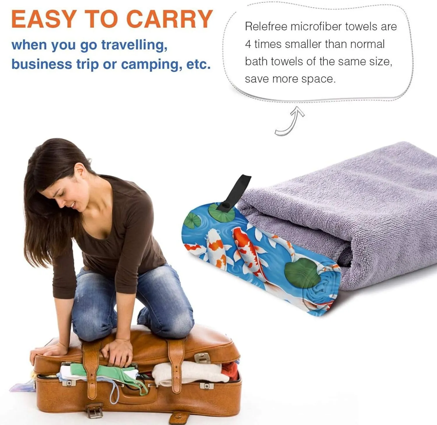 Japanese Fish Premium Compact Microfiber Travel Towel-Featherlight & Quick Dry,Sand-Resistant Beach Towel for Swimming,Camping,Vacation Essentials with Carry Pouch