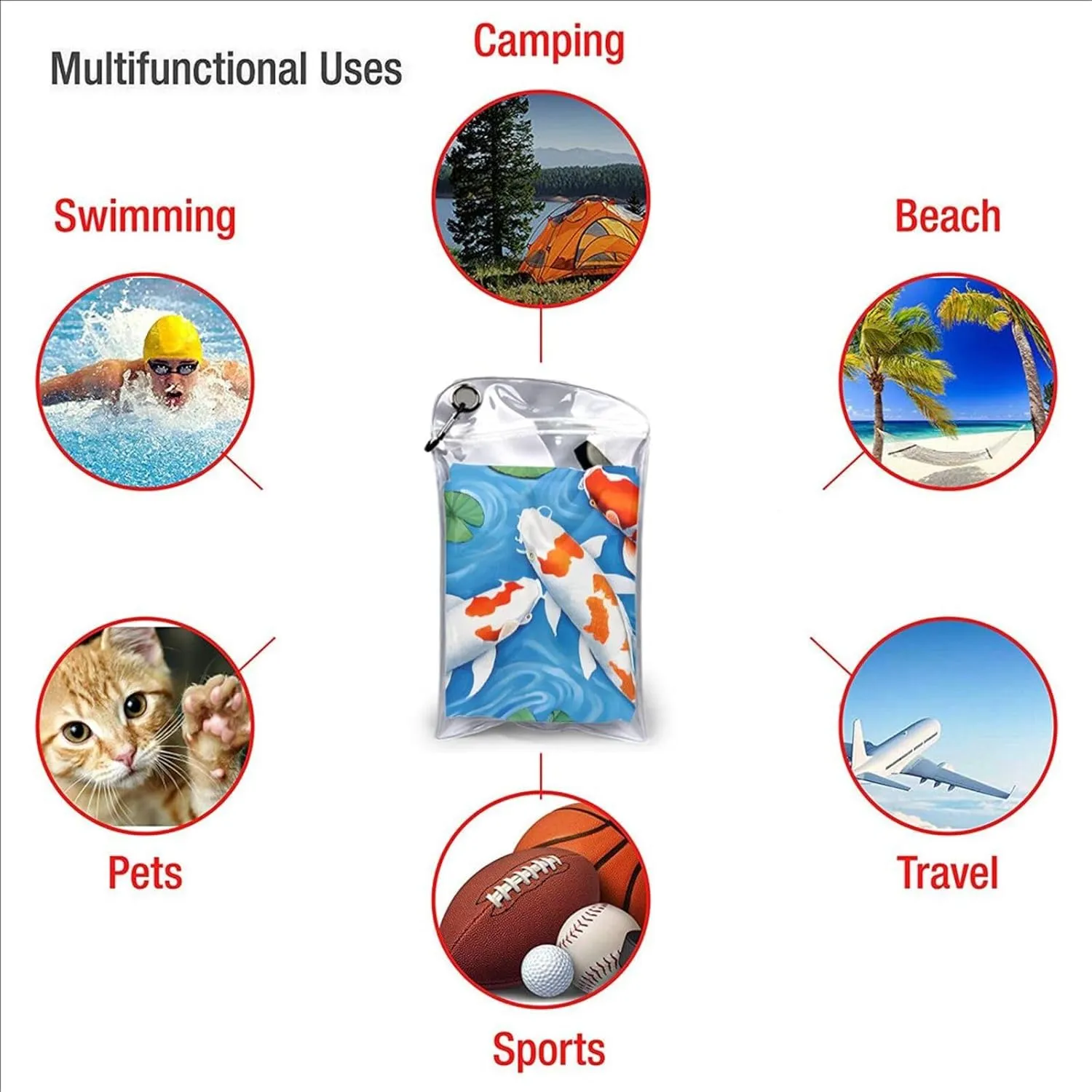 Japanese Fish Premium Compact Microfiber Travel Towel-Featherlight & Quick Dry,Sand-Resistant Beach Towel for Swimming,Camping,Vacation Essentials with Carry Pouch