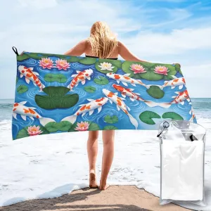 Japanese Fish Premium Compact Microfiber Travel Towel-Featherlight & Quick Dry,Sand-Resistant Beach Towel for Swimming,Camping,Vacation Essentials with Carry Pouch