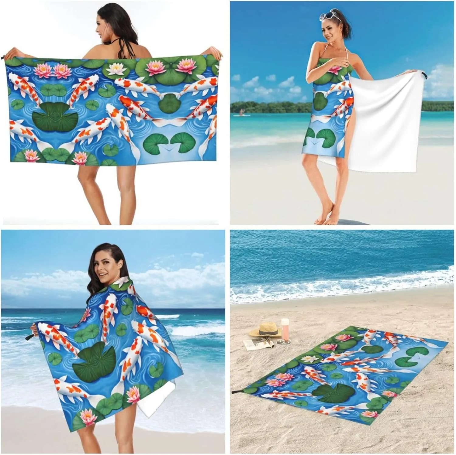 Japanese Fish Premium Compact Microfiber Travel Towel-Featherlight & Quick Dry,Sand-Resistant Beach Towel for Swimming,Camping,Vacation Essentials with Carry Pouch