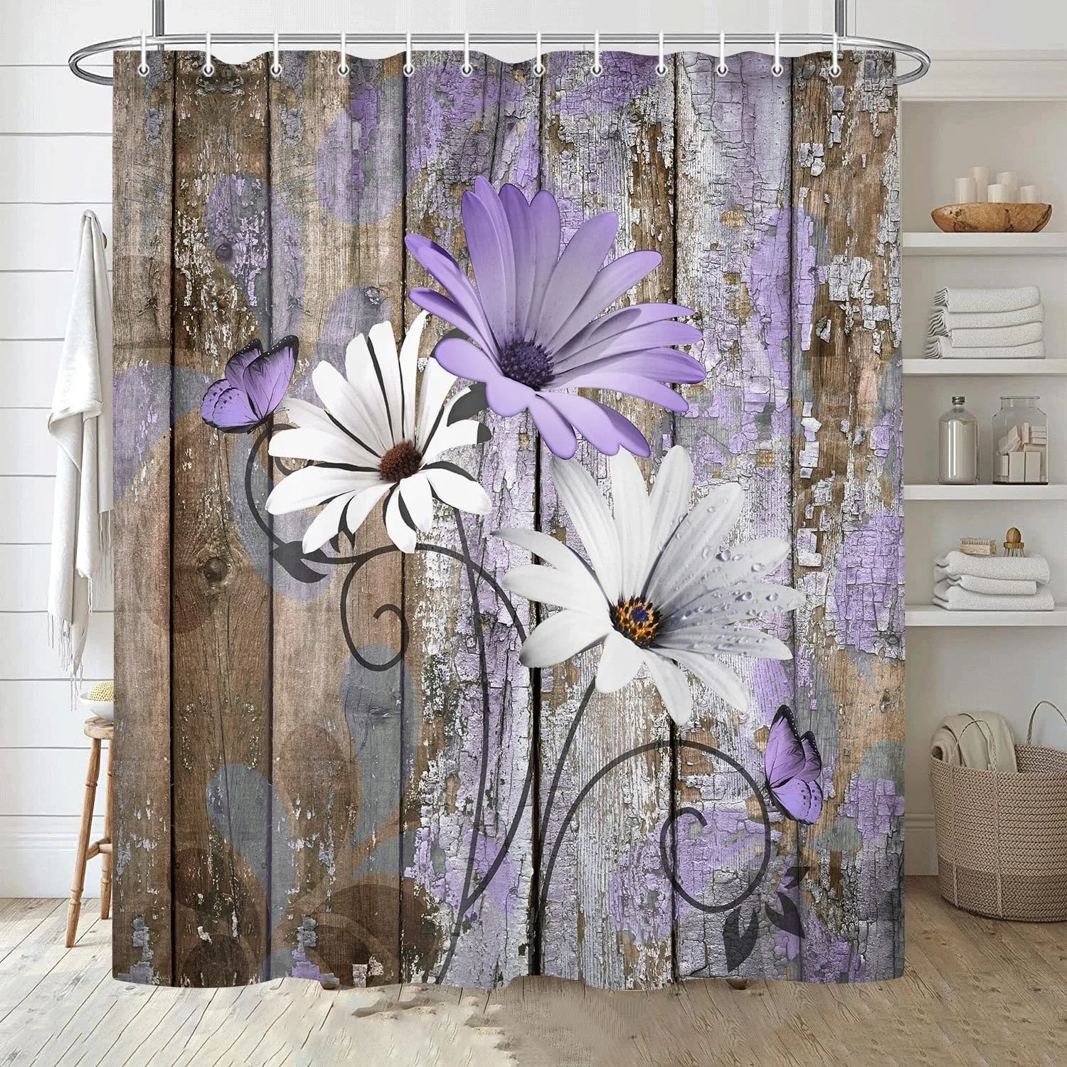 JAWO Farmhouse Flower Floral Shower Curtain, Rustic Purple Daisy Shower Curtain Set, Country Purple Wild Garden Plant Fabric Shower Curtain with Hooks, Brown Wooden Board Bathroom Curtain, 69x70inch