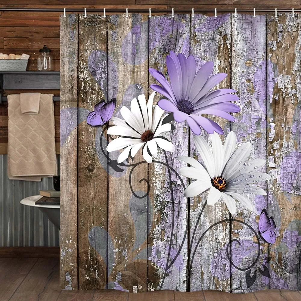 JAWO Farmhouse Flower Floral Shower Curtain, Rustic Purple Daisy Shower Curtain Set, Country Purple Wild Garden Plant Fabric Shower Curtain with Hooks, Brown Wooden Board Bathroom Curtain, 69x70inch