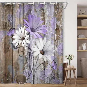 JAWO Farmhouse Flower Floral Shower Curtain, Rustic Purple Daisy Shower Curtain Set, Country Purple Wild Garden Plant Fabric Shower Curtain with Hooks, Brown Wooden Board Bathroom Curtain, 69x70inch