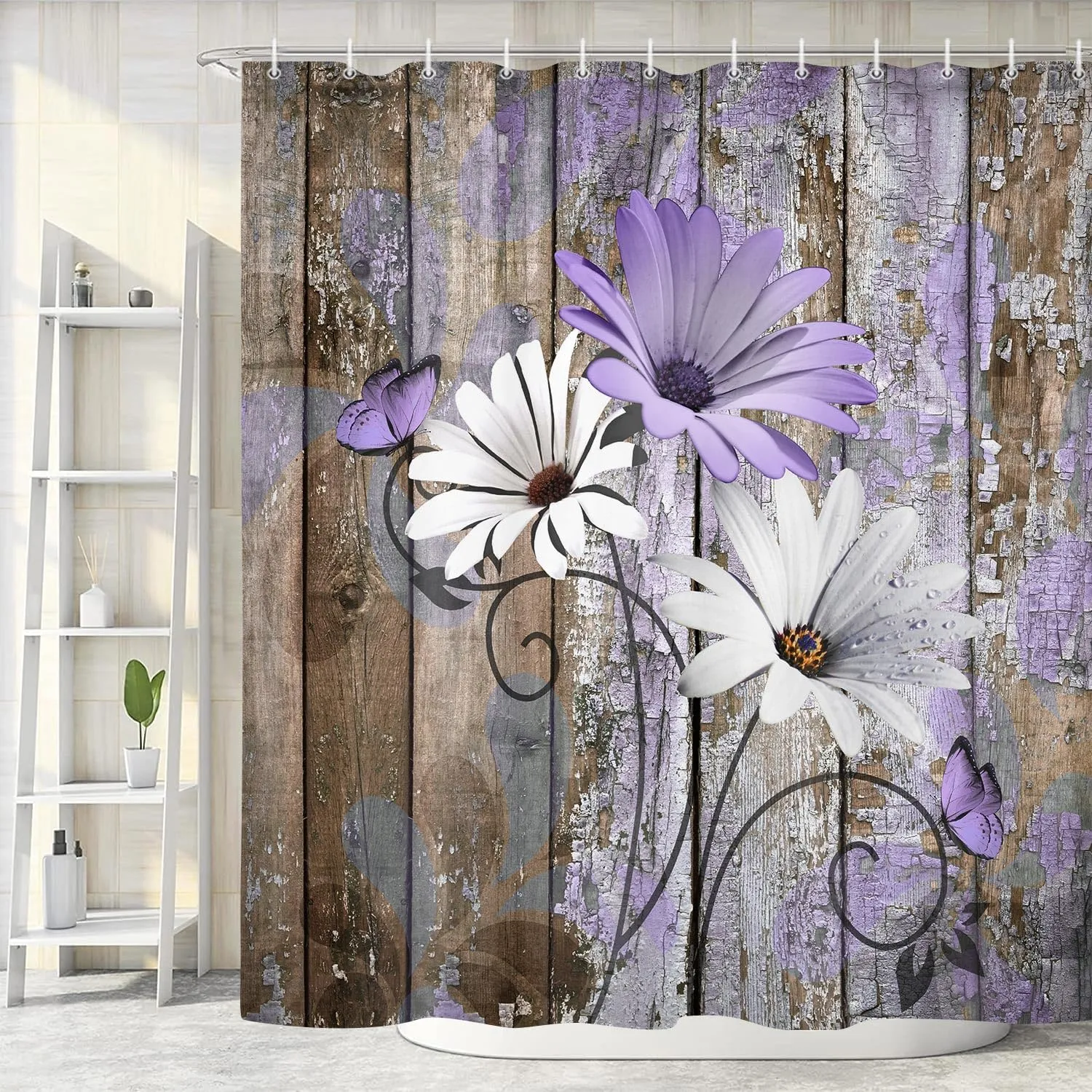 JAWO Farmhouse Flower Floral Shower Curtain, Rustic Purple Daisy Shower Curtain Set, Country Purple Wild Garden Plant Fabric Shower Curtain with Hooks, Brown Wooden Board Bathroom Curtain, 69x70inch