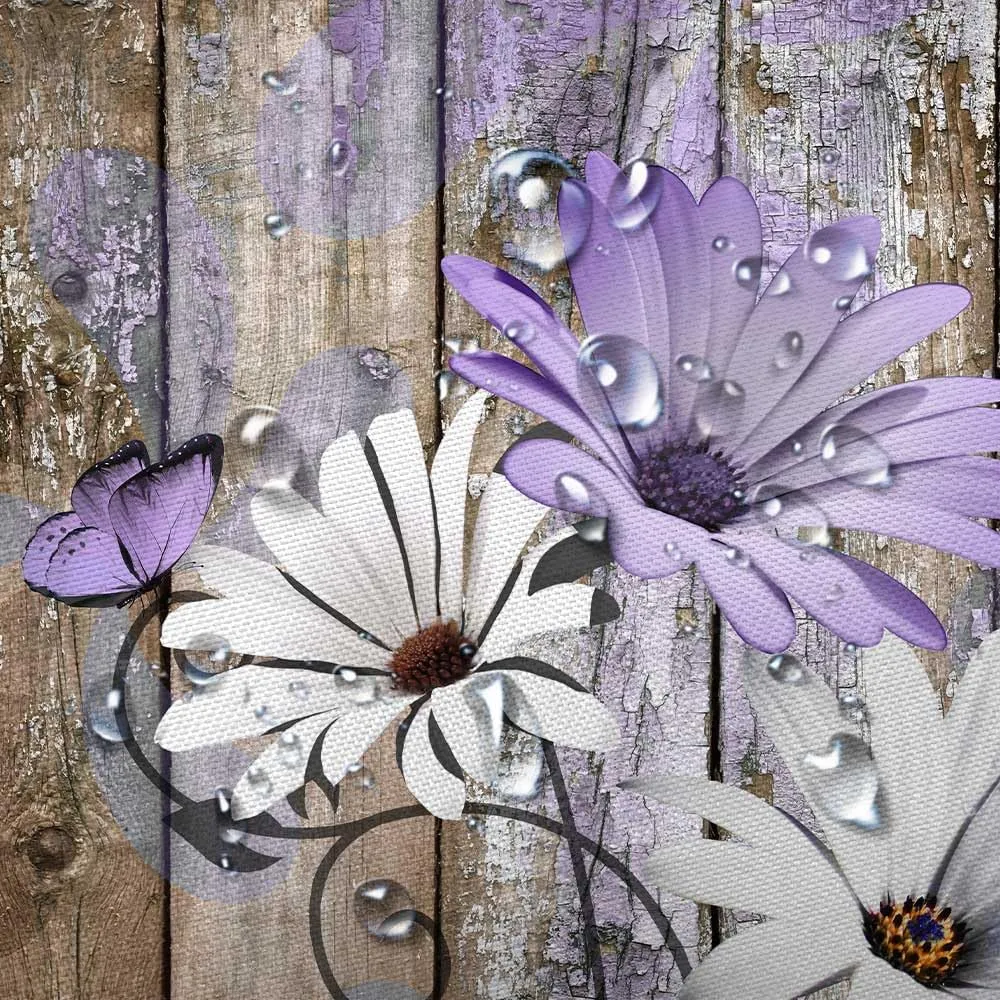 JAWO Farmhouse Flower Floral Shower Curtain, Rustic Purple Daisy Shower Curtain Set, Country Purple Wild Garden Plant Fabric Shower Curtain with Hooks, Brown Wooden Board Bathroom Curtain, 69x70inch