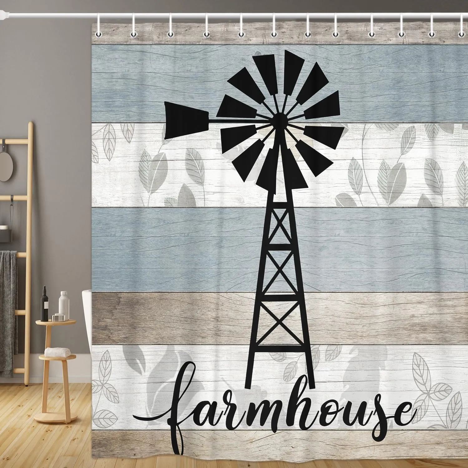 JAWO Farmhouse Shower Curtain, Black Windmill Teal Grey Vintage Rustic Country Wooden Plank Bathroom Curtain, Farm Wood Barn Door Polyester Fabric Shower Curtain Set with Hooks, 69x70inches
