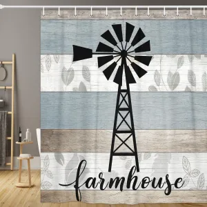 JAWO Farmhouse Shower Curtain, Black Windmill Teal Grey Vintage Rustic Country Wooden Plank Bathroom Curtain, Farm Wood Barn Door Polyester Fabric Shower Curtain Set with Hooks, 69x70inches
