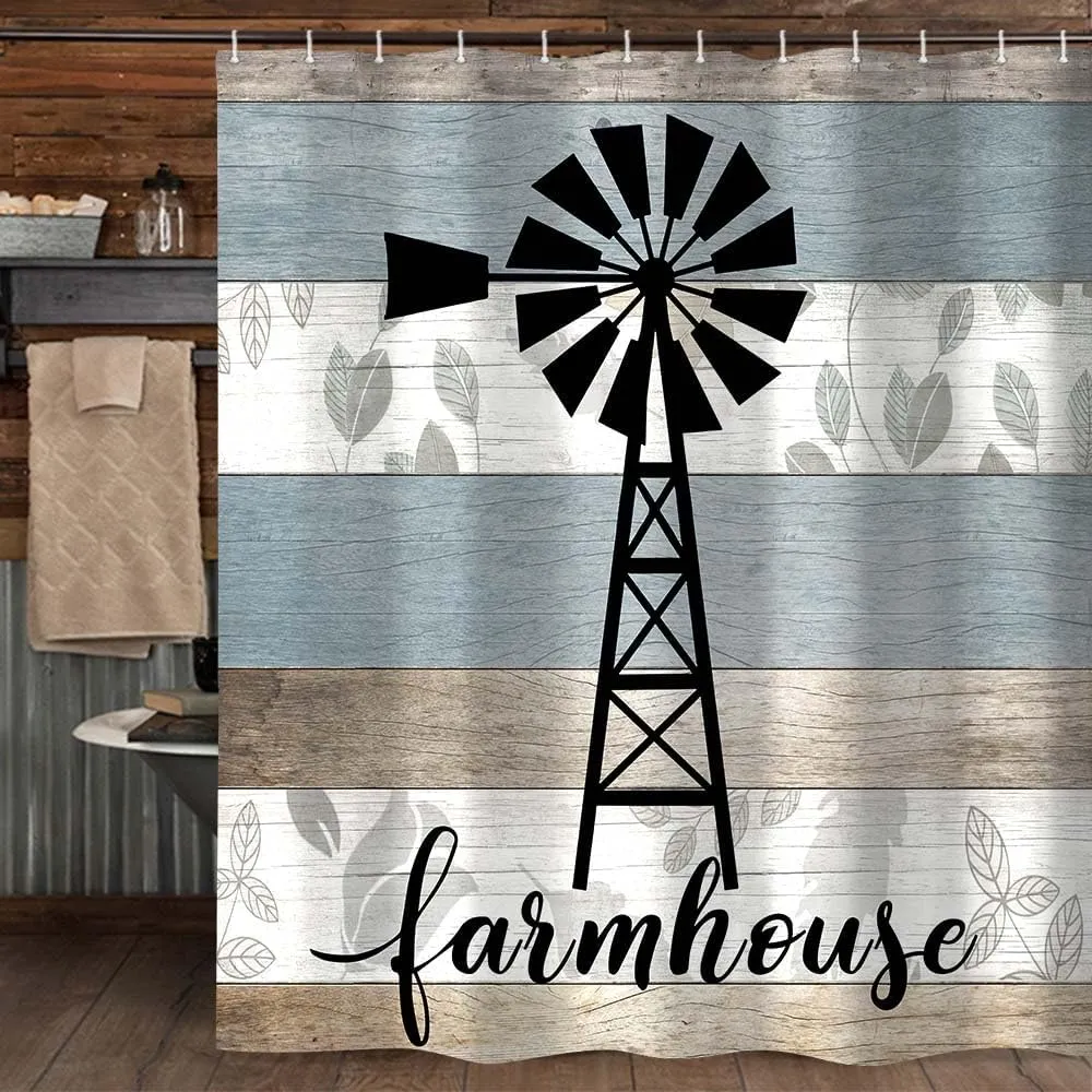 JAWO Farmhouse Shower Curtain, Black Windmill Teal Grey Vintage Rustic Country Wooden Plank Bathroom Curtain, Farm Wood Barn Door Polyester Fabric Shower Curtain Set with Hooks, 69x70inches