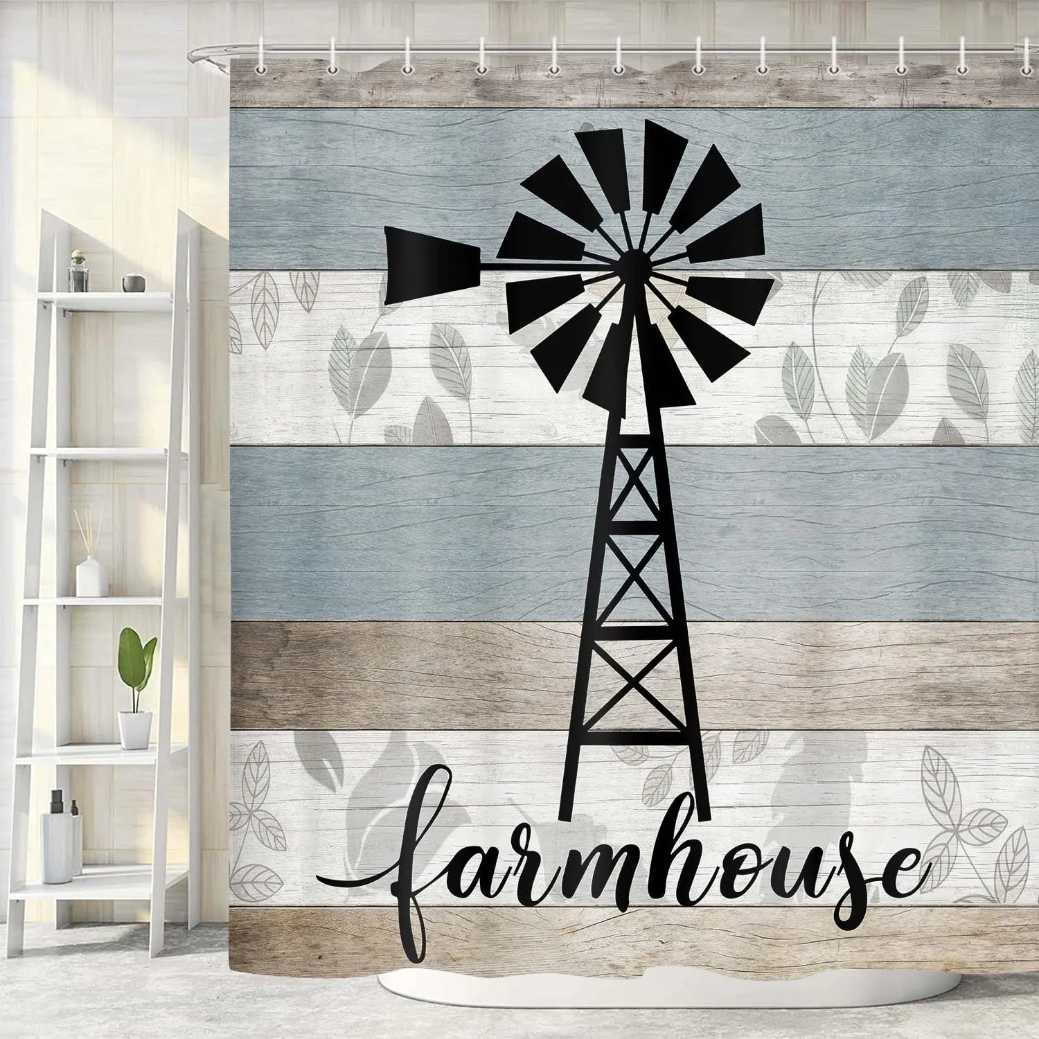 JAWO Farmhouse Shower Curtain, Black Windmill Teal Grey Vintage Rustic Country Wooden Plank Bathroom Curtain, Farm Wood Barn Door Polyester Fabric Shower Curtain Set with Hooks, 69x70inches
