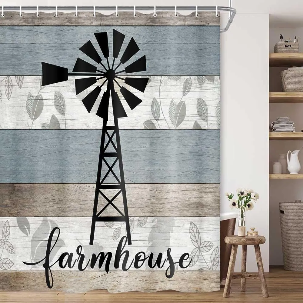 JAWO Farmhouse Shower Curtain, Black Windmill Teal Grey Vintage Rustic Country Wooden Plank Bathroom Curtain, Farm Wood Barn Door Polyester Fabric Shower Curtain Set with Hooks, 69x70inches