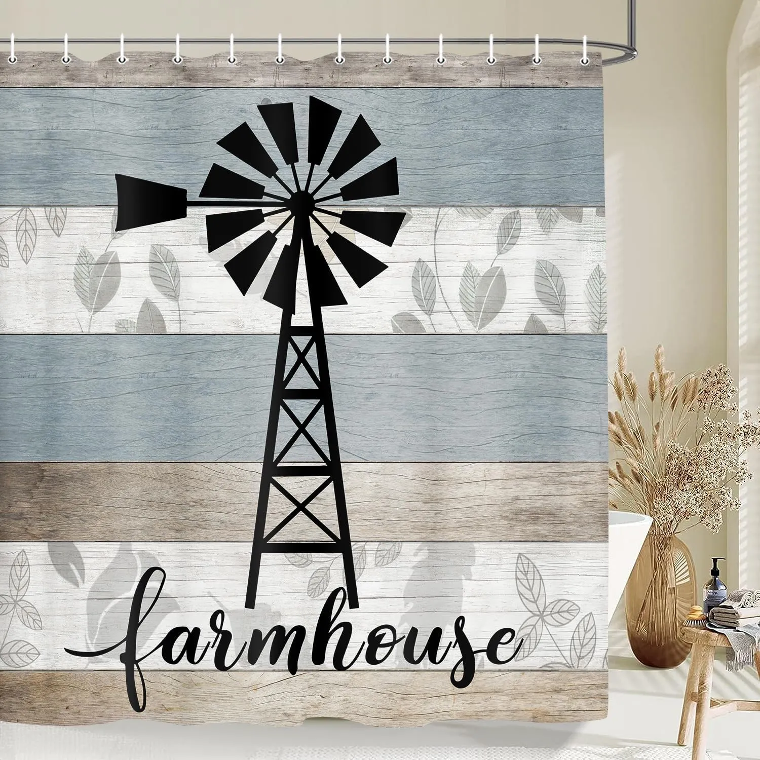 JAWO Farmhouse Shower Curtain, Black Windmill Teal Grey Vintage Rustic Country Wooden Plank Bathroom Curtain, Farm Wood Barn Door Polyester Fabric Shower Curtain Set with Hooks, 69x70inches