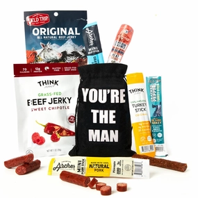 Jerky Gift Bag - Exotic Jerky Variety Pack in Fun You're the Man Bag - Gifts for Men Who Wants Nothing, Assortment of High Protein Beef Snack Packs - Ideal Gift for Dad, Son or Wife