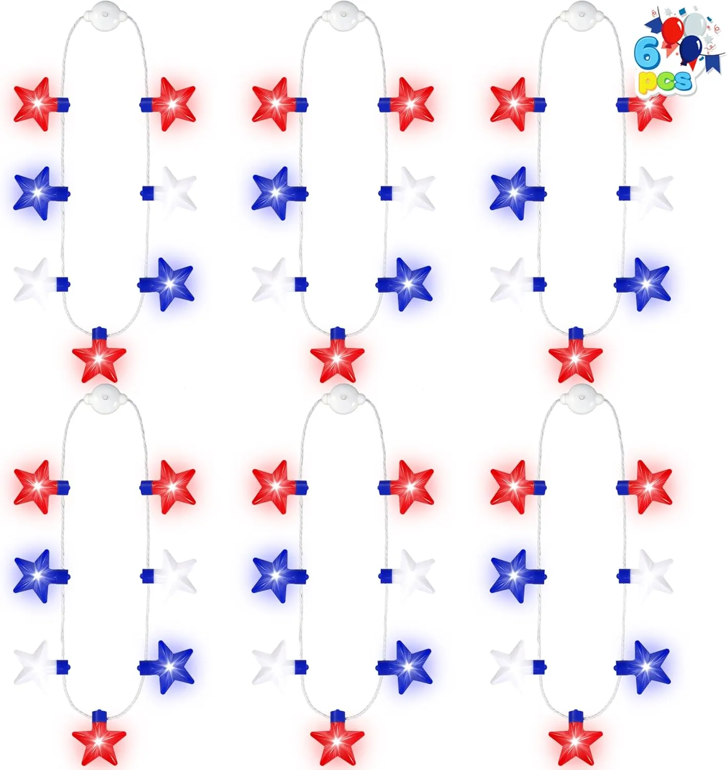JOYIN 6 Pcs July 4th LED Star Bulb Necklaces, Red White Blue Lightup Necklace with 6 Lighting Modes, Patriotic Necklace for Independence Day Memorial Day Party Parade Masquerade Accessory Supply
