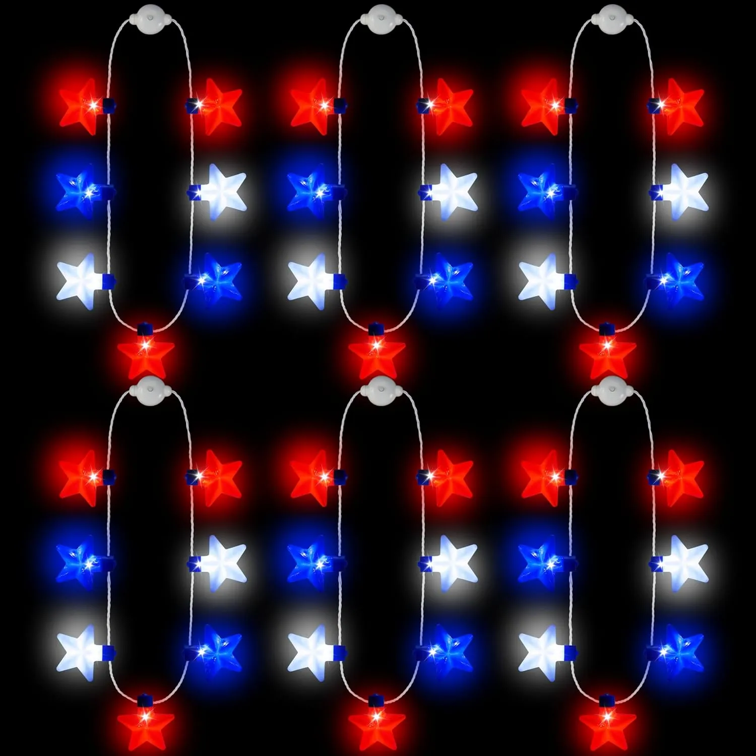 JOYIN 6 Pcs July 4th LED Star Bulb Necklaces, Red White Blue Lightup Necklace with 6 Lighting Modes, Patriotic Necklace for Independence Day Memorial Day Party Parade Masquerade Accessory Supply