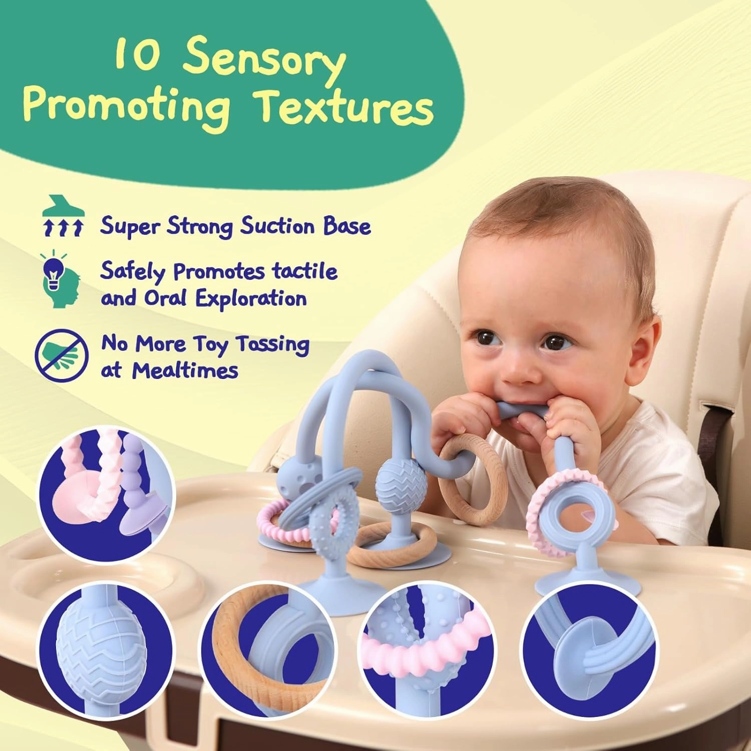 Jumble Jangle Baby Teething Toys – BPA-Free, Multi Purpose High Chair Toys for Babies: Suction Teething Relief with Sensory Toy Textures for Infants and Toddlers 0–24  Months (Light Blue)