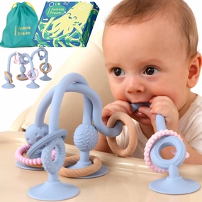 Jumble Jangle Baby Teething Toys – BPA-Free, Multi Purpose High Chair Toys for Babies: Suction Teething Relief with Sensory Toy Textures for Infants and Toddlers 0–24  Months (Light Blue)