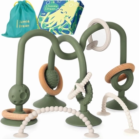 Jumble Jangle Baby Teething Toys – BPA-Free, Multi Purpose High Chair Toys for Babies: Suction Teething Relief with Sensory Toy Textures for Infants and Toddlers 3–24  Months (Green)