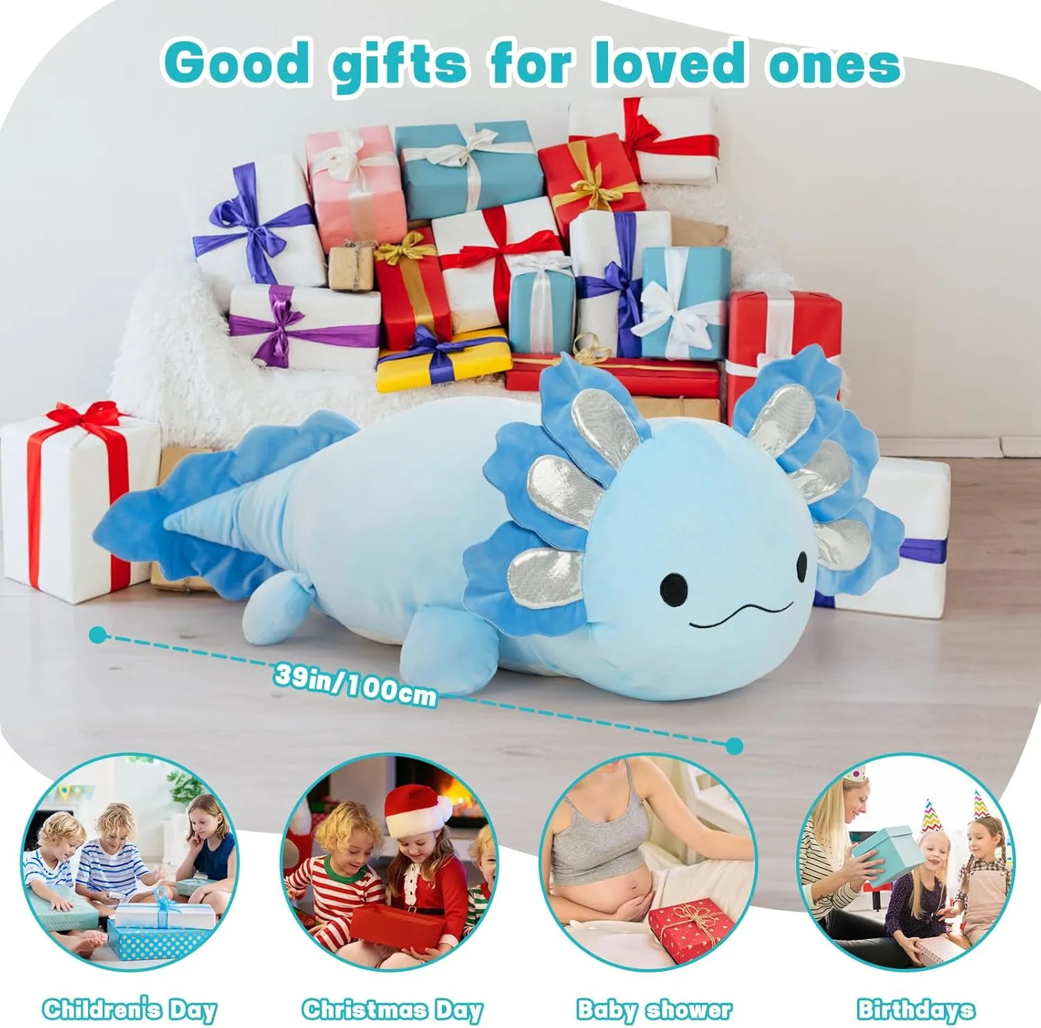 Jumbo Axolotl Plush Toy, 39" Giant Axolotl Stuffed Animal Plush, Big Bule Axolotl Toys Gift for Girls Kids, Long Squishy Stuffed Axolotl Plush Pillow for Holiday Birthday Christmas