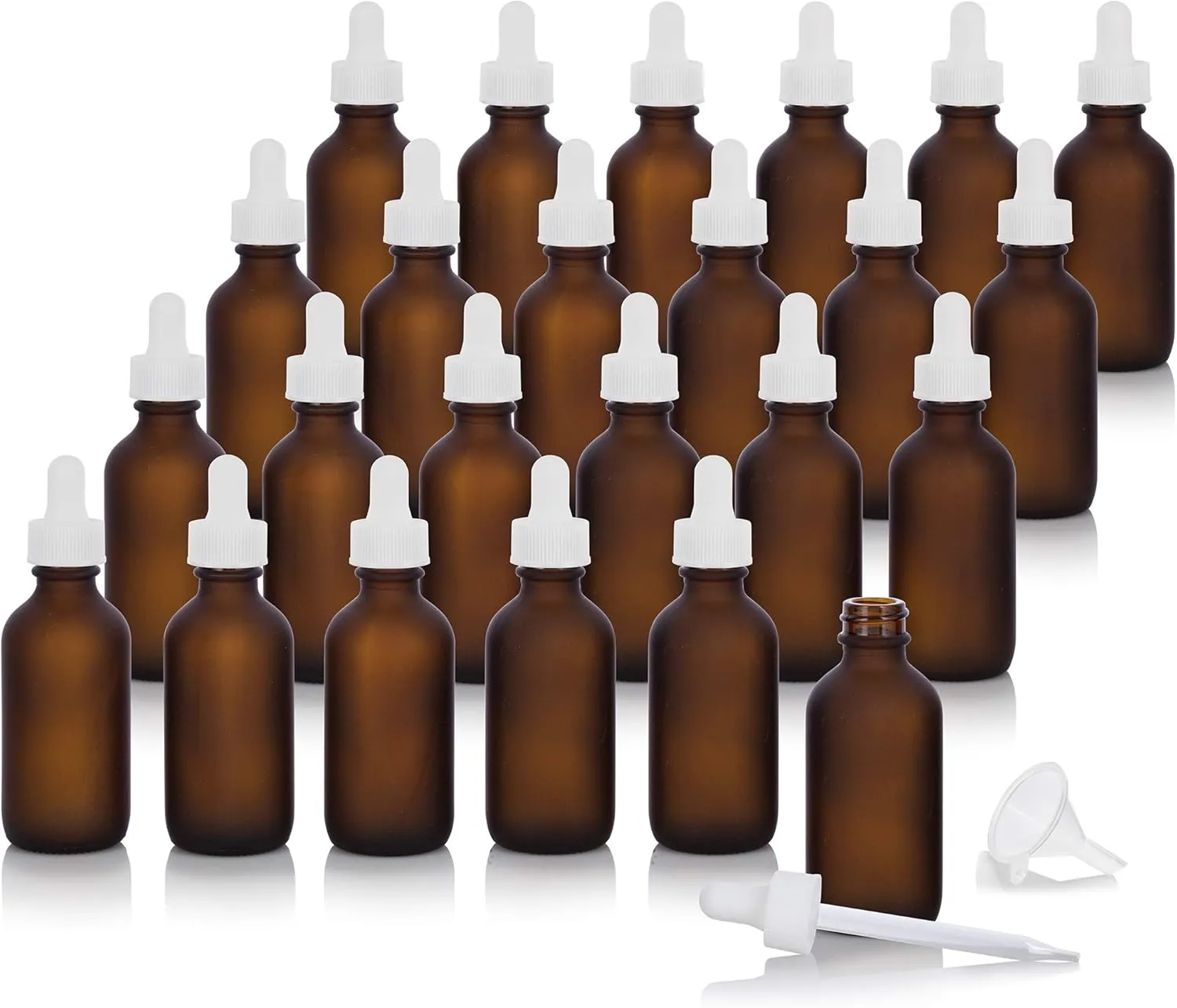 JUVITUS 2 oz / 60 ml Frosted Amber Glass Boston Round Empty Bottle Containers with White Glass Dropper (24 pack)   Funnel