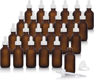 JUVITUS 2 oz / 60 ml Frosted Amber Glass Boston Round Empty Bottle Containers with White Glass Dropper (24 pack)   Funnel