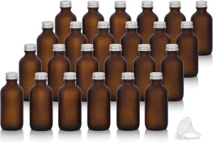 JUVITUS 2 oz / 60 ml Frosted Amber Glass Boston Round Silver Screw Top Cap Empty Bottle Containers (24 pack)   Funnel