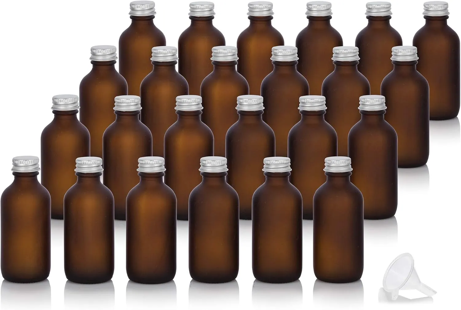 JUVITUS 2 oz / 60 ml Frosted Amber Glass Boston Round Silver Screw Top Cap Empty Bottle Containers (24 pack)   Funnel