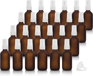 JUVITUS 2 oz / 60 ml Frosted Amber Glass Boston Round White Fine Mist Spray Empty Bottle Containers (24 pack)   Funnel