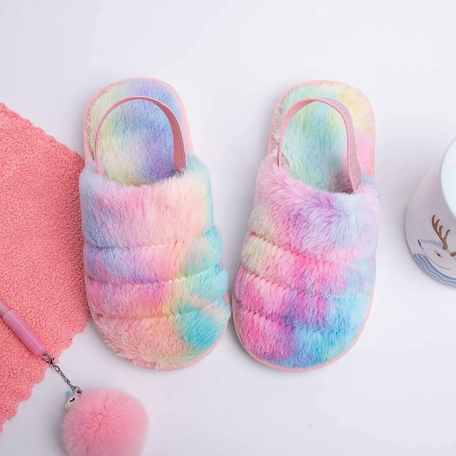 Kids Fluffy Fuzzy Slippers Open Toe House Home Slippers for Boys and Girls Faux Fur Slides with Strap Little Kids Slip-on Shoes