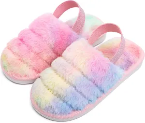 Kids Fluffy Fuzzy Slippers Open Toe House Home Slippers for Boys and Girls Faux Fur Slides with Strap Little Kids Slip-on Shoes