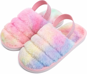 Kids Fluffy Fuzzy Slippers Open Toe House Home Slippers for Boys and Girls Faux Fur Slides with Strap Little Kids Slip-on Shoes
