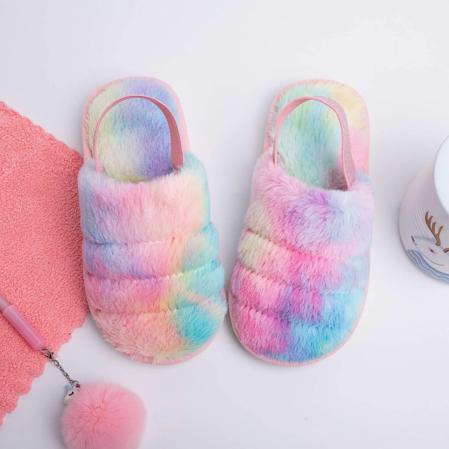 Kids Fluffy Fuzzy Slippers Open Toe House Home Slippers for Boys and Girls Faux Fur Slides with Strap Little Kids Slip-on Shoes
