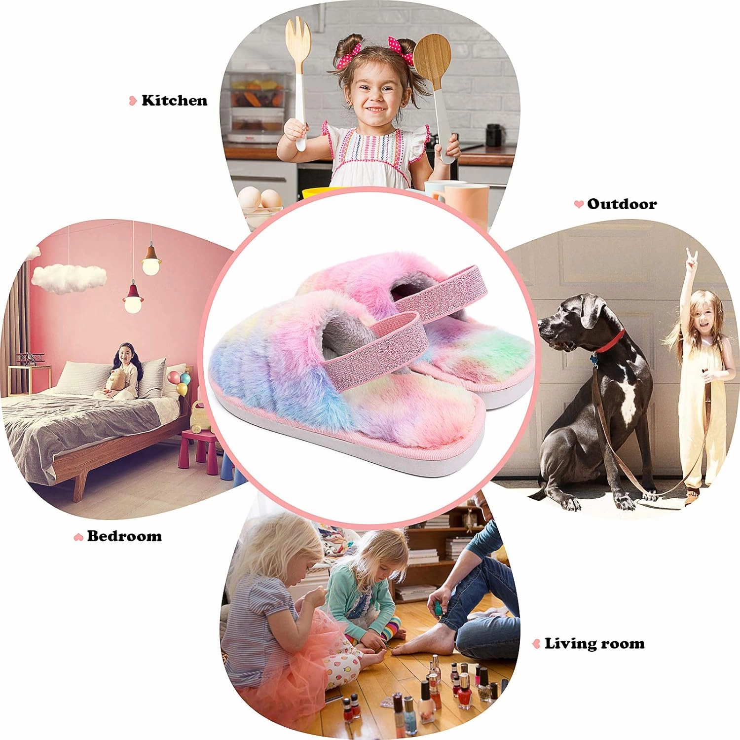 Kids Fluffy Fuzzy Slippers Open Toe House Home Slippers for Boys and Girls Faux Fur Slides with Strap Little Kids Slip-on Shoes
