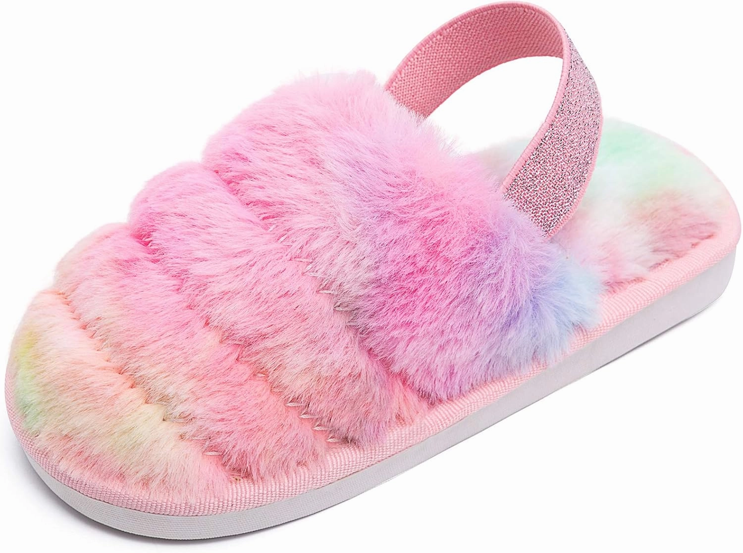 Kids Fluffy Fuzzy Slippers Open Toe House Home Slippers for Boys and Girls Faux Fur Slides with Strap Little Kids Slip-on Shoes