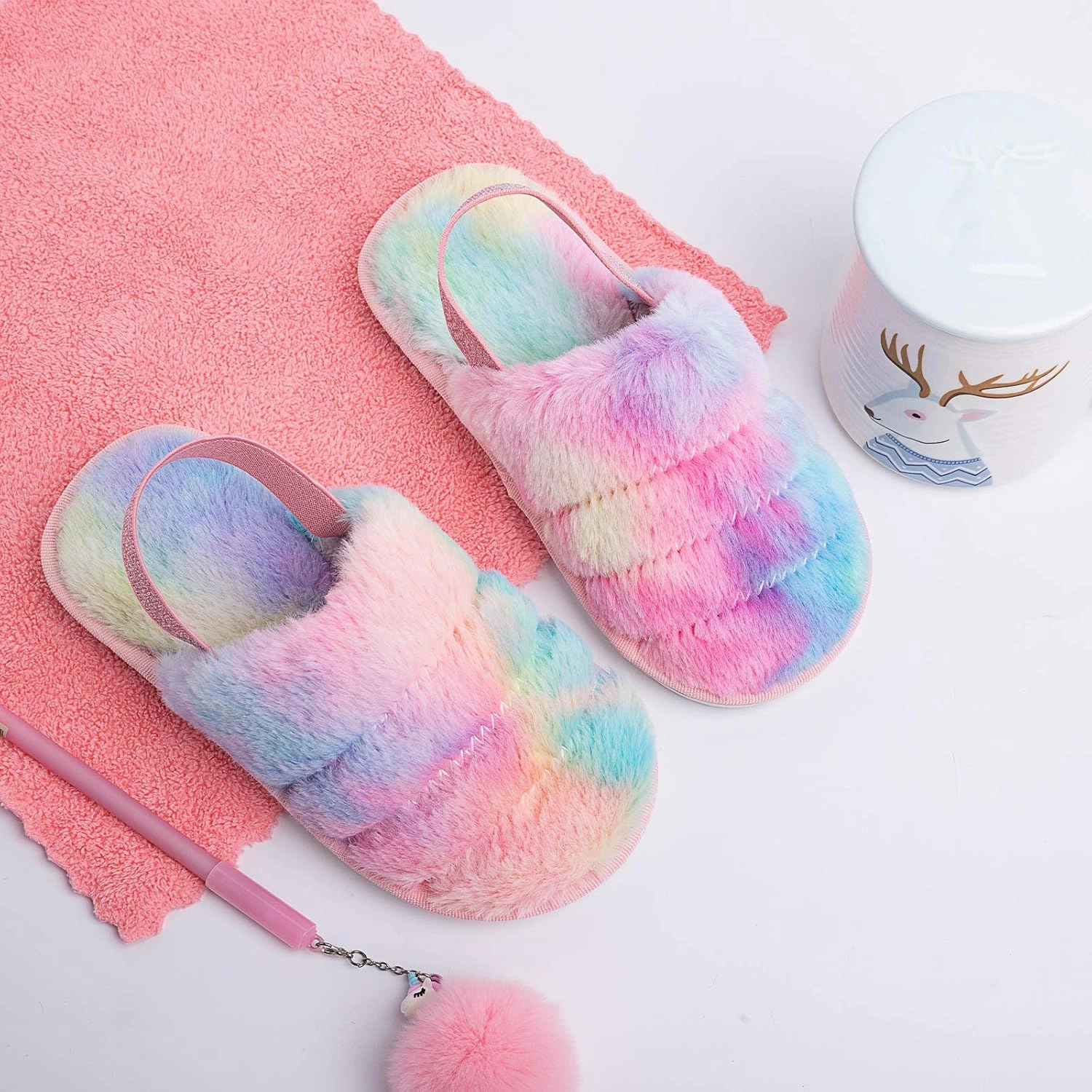 Kids Fluffy Fuzzy Slippers Open Toe House Home Slippers for Boys and Girls Faux Fur Slides with Strap Little Kids Slip-on Shoes