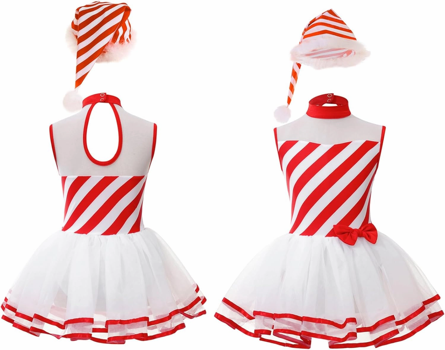 Kids Girls Striped Skating Dress Xmas Santa Figure Ice Skating Dance Dress Christmas Tutu Leotard