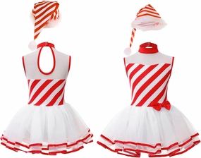 Kids Girls Striped Skating Dress Xmas Santa Figure Ice Skating Dance Dress Christmas Tutu Leotard
