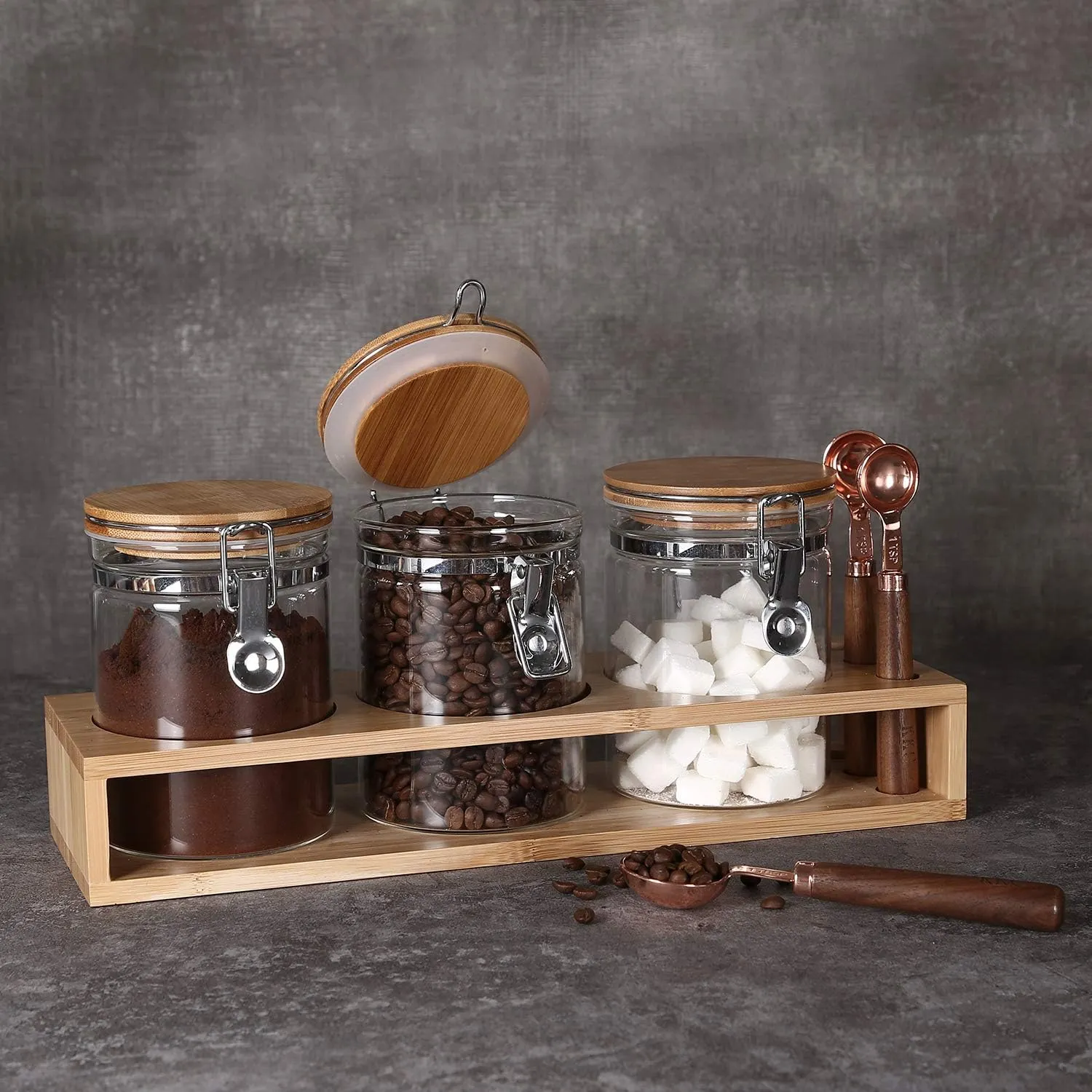 KKC Glass Storage Jars with Airtight Hinged Lids,Sealed Glass Containers for Loose Leaf Tea,Coffee Bean,Ground Coffee,Brown Sugar, Sealed Jar Canisters with Spoon for Kitchen Counter,27 Fluid-oz